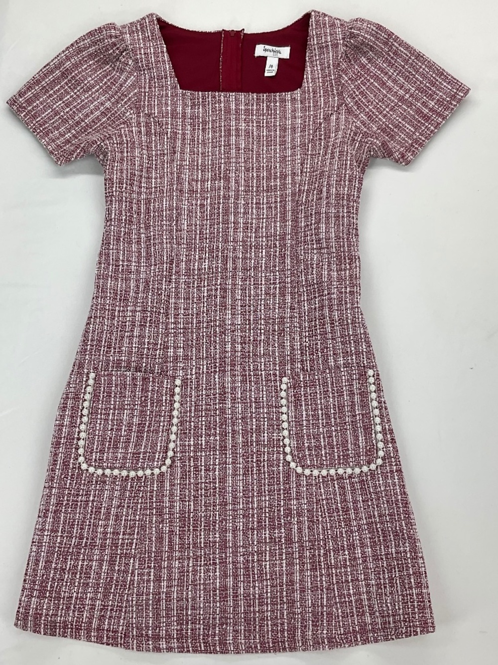 Speechless Girls Burgundy Tweed Puff Sleeve Dress Pearl Trim Pockets Holiday 16